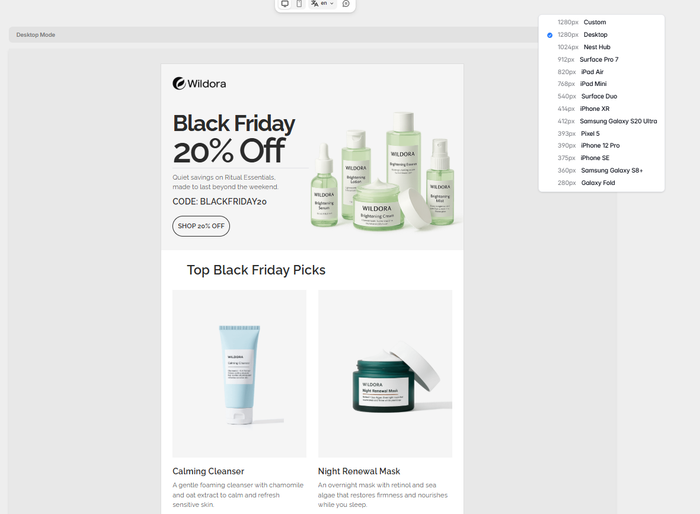 Tabular's email editor with different screen size options for better responsive design including devices listed as well 